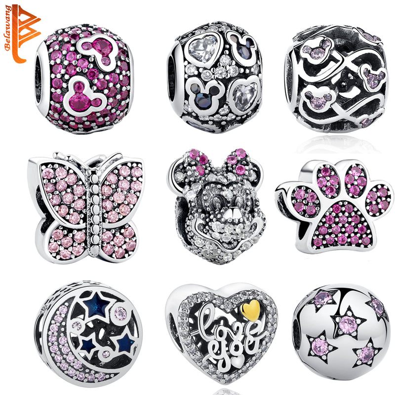 BELAWANG 925 Sterling Silver Heart Crystal Charms Footprint Butterfly Beads Fit Original Pandora Bracelet Bangle DIY Jewelry