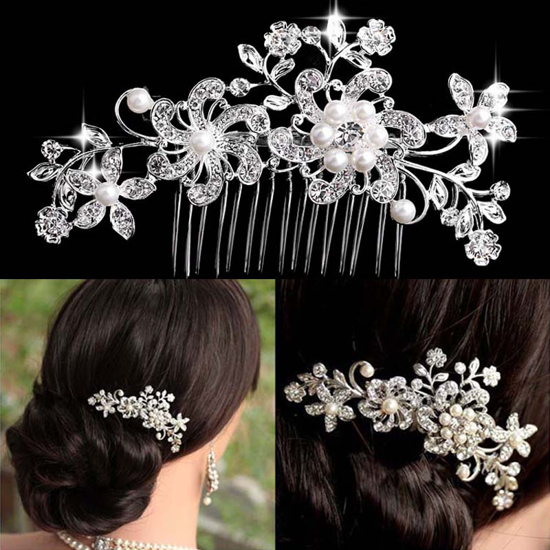 TREAZY Bridal Wedding Flower Butterfly Crystal Rhinestone Pearl Diamante Women Hair Clip Hair Comb Wedding Hair Accesories