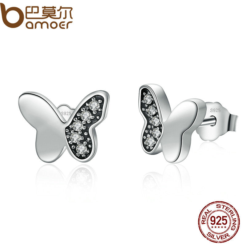 BAMOER Hot Sale Real 925 Sterling Silver Clear CZ Butterfly  Stud Earrings Women Fashion Animal Jewelry Oorbellen PAS497