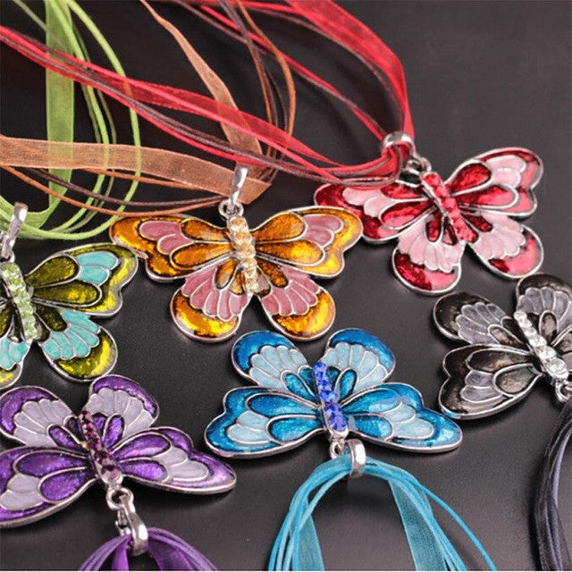 necklace  Exaggerated drip ribbon with colored butterfly Women Jewelry Enamel Butterfly Crystal Silver Necklace Chain #GH35