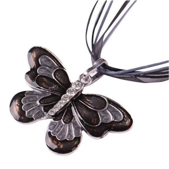 necklace  Exaggerated drip ribbon with colored butterfly Women Jewelry Enamel Butterfly Crystal Silver Necklace Chain #GH35