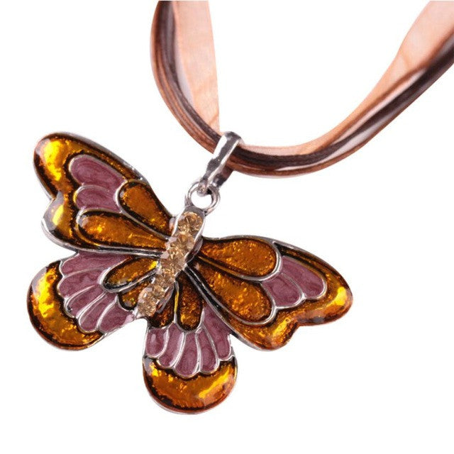 necklace  Exaggerated drip ribbon with colored butterfly Women Jewelry Enamel Butterfly Crystal Silver Necklace Chain #GH35