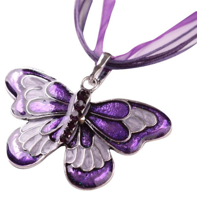 necklace  Exaggerated drip ribbon with colored butterfly Women Jewelry Enamel Butterfly Crystal Silver Necklace Chain #GH35