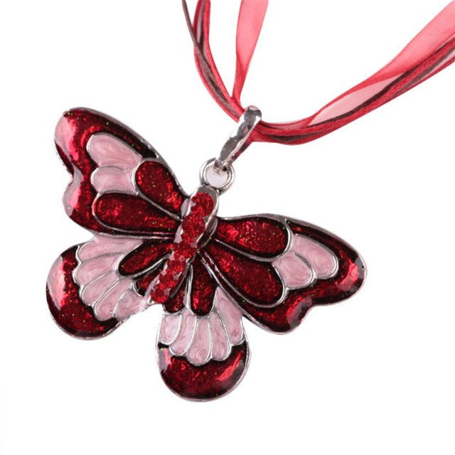 necklace  Exaggerated drip ribbon with colored butterfly Women Jewelry Enamel Butterfly Crystal Silver Necklace Chain #GH35