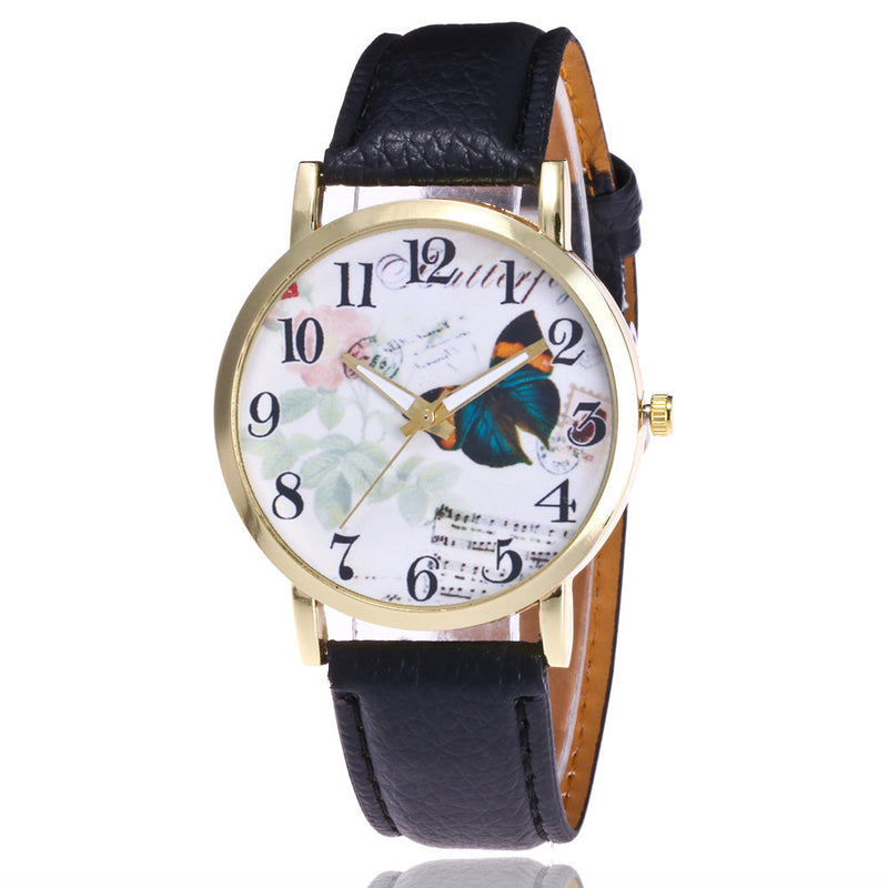 Butterfly Pattern Leather Band Analog Quartz Vogue Wrist Watches