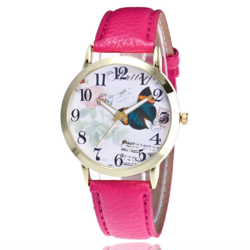 Butterfly Pattern Leather Band Analog Quartz Vogue Wrist Watches