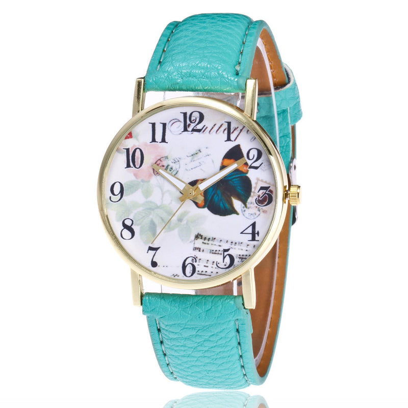 Butterfly Pattern Leather Band Analog Quartz Vogue Wrist Watches