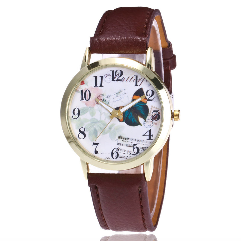 Butterfly Pattern Leather Band Analog Quartz Vogue Wrist Watches