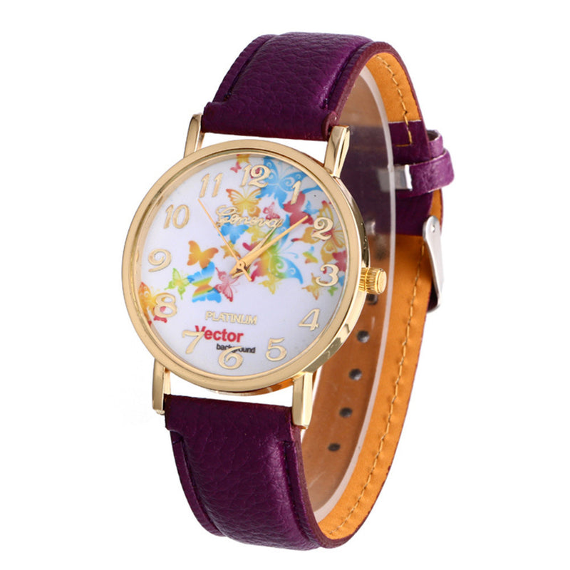 Butterfly Patterns Leather Band Analog Quartz Vogue Wrist Watches