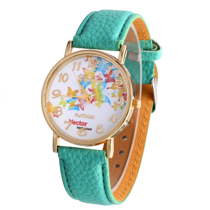 Butterfly Patterns Leather Band Analog Quartz Vogue Wrist Watches