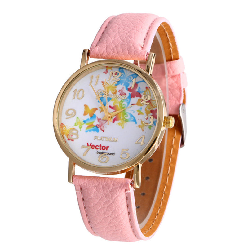 Butterfly Patterns Leather Band Analog Quartz Vogue Wrist Watches