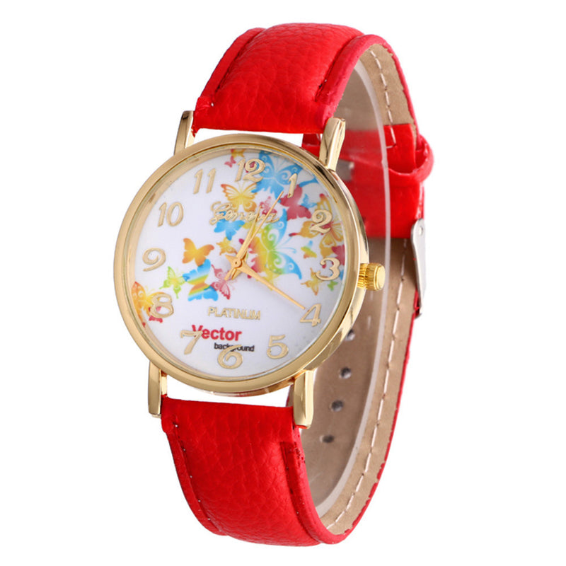 Butterfly Patterns Leather Band Analog Quartz Vogue Wrist Watches