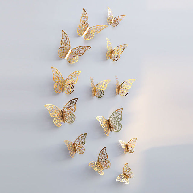 24pcs. Fashion Simple Paperboard Gold Hollow Butterfly 3D Wall Stickers Glass Bathroom Decor Wedding decoratiom