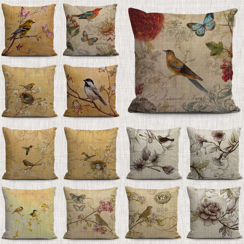 vintage nordic bird and butterfly decorative pillows covers oil painting plants and animal throw cushion cases for sofa home