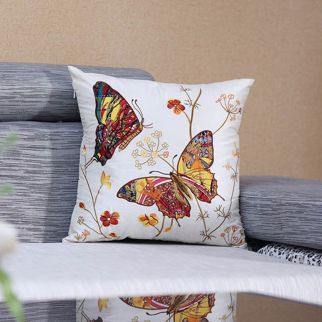 Pastoral Silk Embroidered Butterfly Luxury Cushions Covers Sofa Pillow Covers Home Decorative Flower Pillow Case Cushion Case