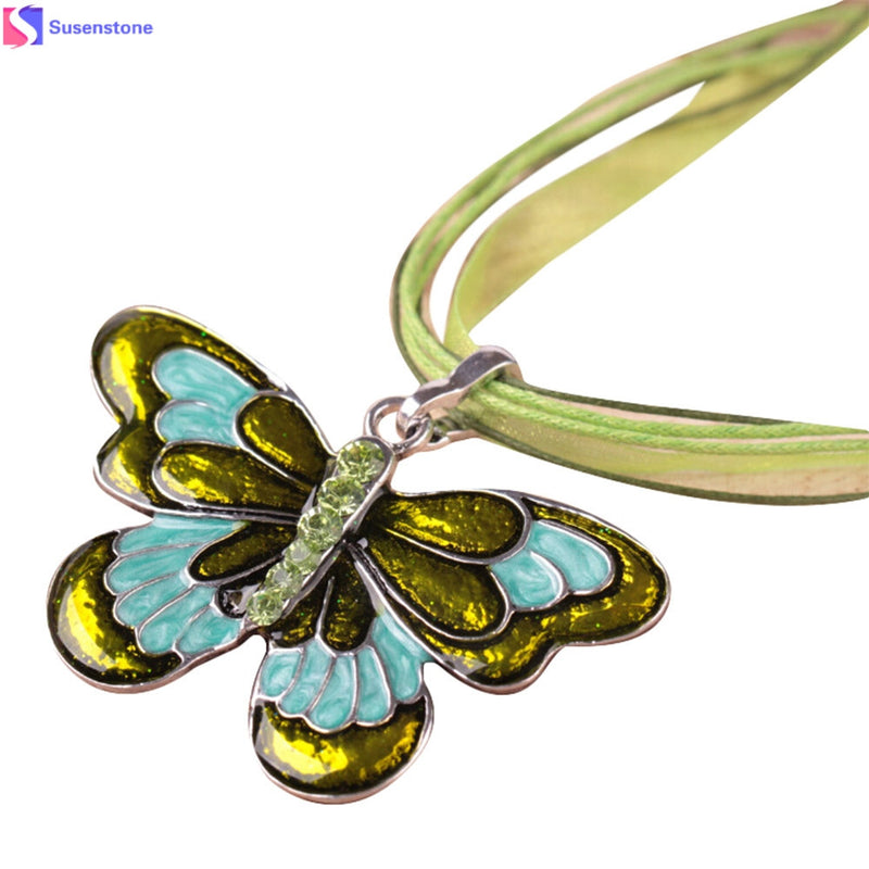 necklace  Exaggerated drip ribbon with colored butterfly Women Jewelry Enamel Butterfly Crystal Silver Necklace Chain #GH35