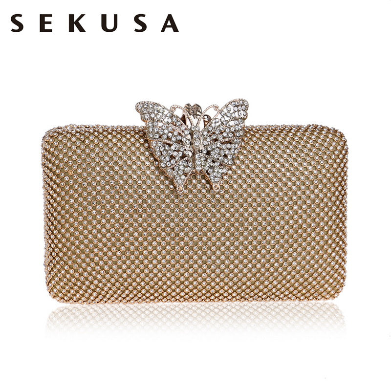SEKUSA Butterfly Metal Rhinestones Bag Female Small Ladies Crystal Evening Clutch Bag Chain Shoulder Women Party Weddng Purse