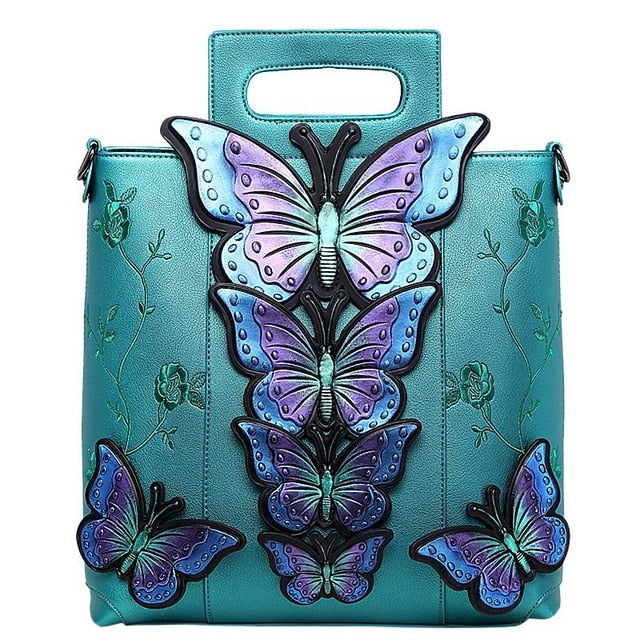 2018 New Women Butterfly Embroidered Tote Bag Painted Animal Shoulder Bags Big Pu Leather Bolsos Floral Party Handbag Luxury
