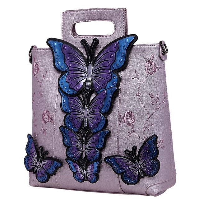 2018 New Women Butterfly Embroidered Tote Bag Painted Animal Shoulder Bags Big Pu Leather Bolsos Floral Party Handbag Luxury