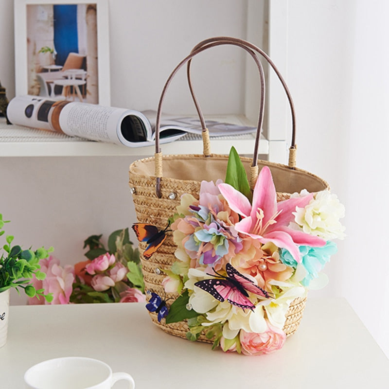 Handmade flower straw bag For Women Summer Holiday Straw Handbag Butterfly tote bags Rhinestone Beach Bags Hand Woven Bag 2019