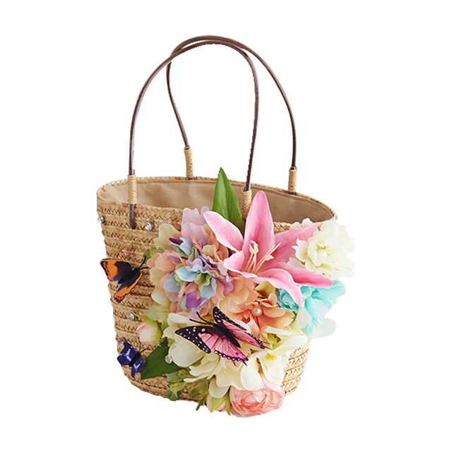 Handmade flower straw bag For Women Summer Holiday Straw Handbag Butterfly tote bags Rhinestone Beach Bags Hand Woven Bag 2019