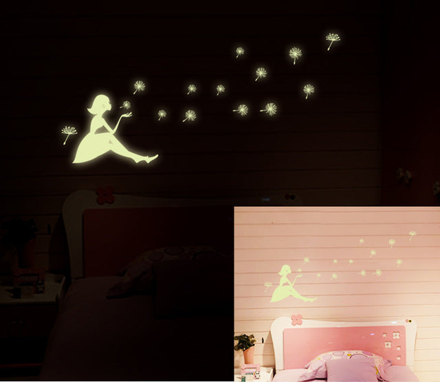 New DIY luminous paster home decor wall stickers dandelion butterfly girl creative figures posters arts fluorescence sticker