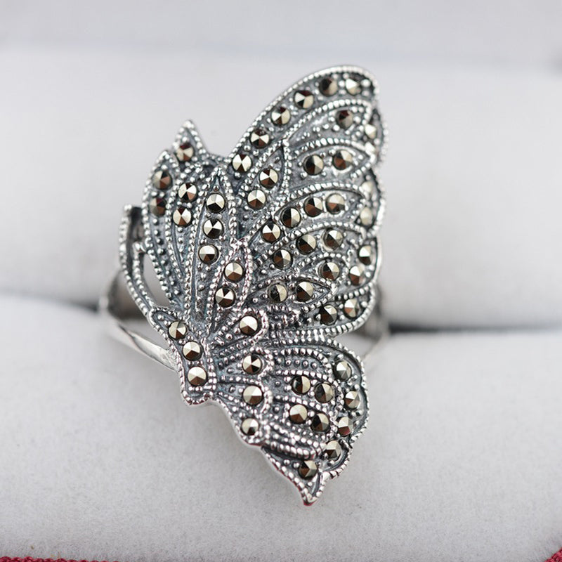 V.YA Vintage 925 Silver Rings Butterfly Shape MARCASITE New Fashion 100% S925 Solid Sterling Silver Ring for Women Men Jewelry