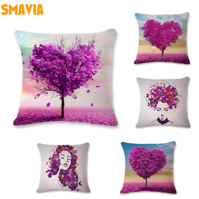 SMAVIA Popular Purple Trees Design Cushion Covers Purple Butterfly Portraits Pillowcase Car/ Chair/ Sofa Pillow Covers 45*45 cm