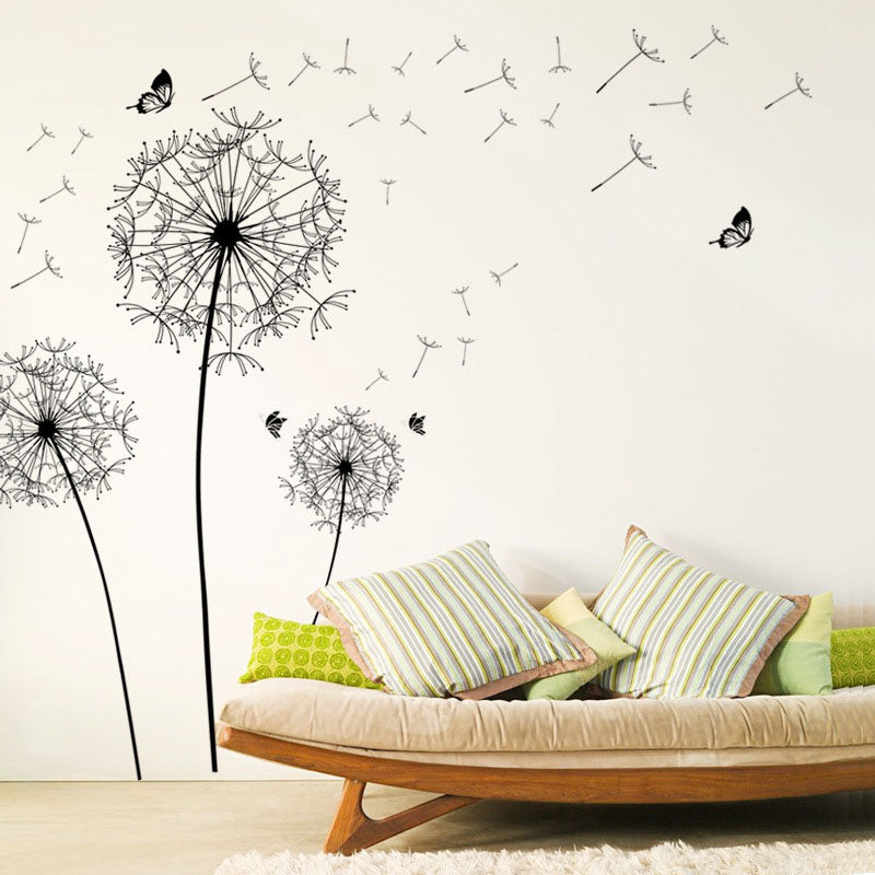 [Fundecor] large black dandelion flower wall stickers home decoration living room bedroom furniture art decals butterfly murals