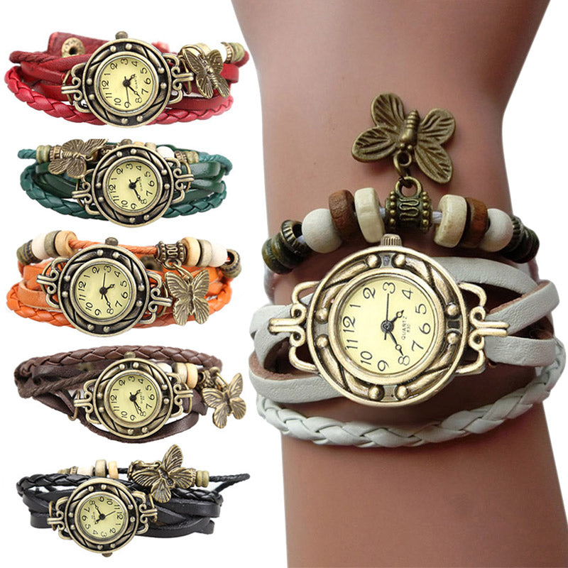 Unique Butterfly jewelry Watch  Clock Women Vintage Retro Rivet Braided Bracelet Leather Strap Lady Bracelet Dress Watch LL