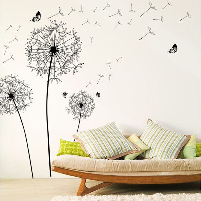 [Fundecor] large black dandelion flower wall stickers home decoration living room bedroom furniture art decals butterfly murals
