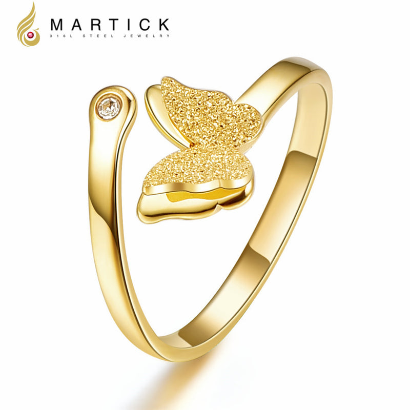 Martick Scrub Butterfly Ring 316L Stainless Steel Gold-color Animal Opening Ring With Crystal Fashion Jewelry For Women R24