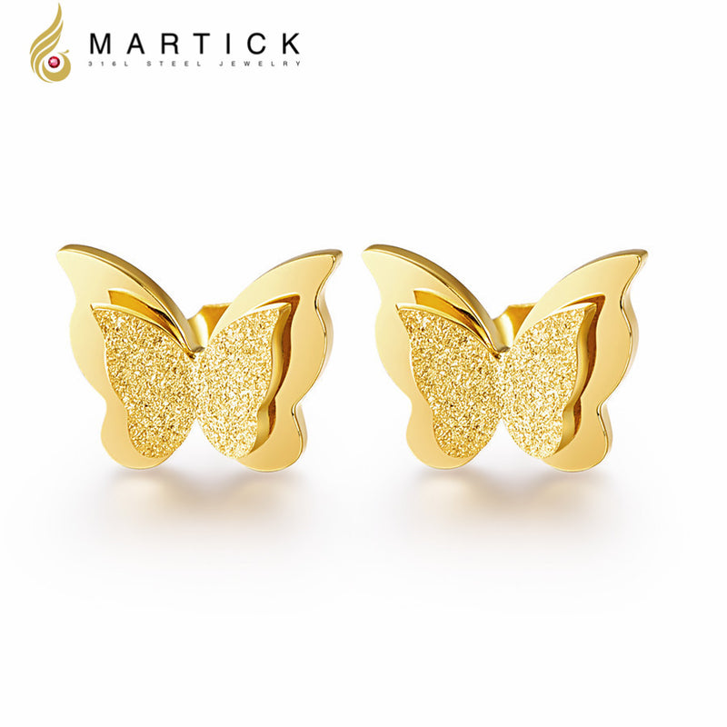 Martick Butterfly Earrings Rose Gold-color Stainless Steel Silver Brincos For Women Trendy Animal Earrings Fashion Jewelry E154