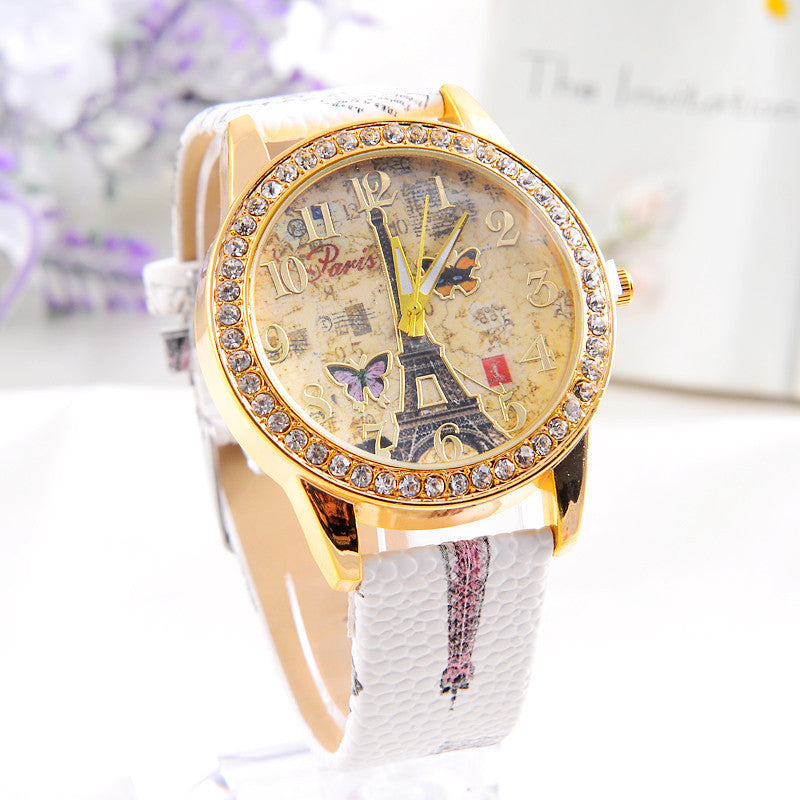 Smilelee Fashion Quartz Watches Women PU Leather Paris Style Tower Butterfly Colorful Dress Watch relogio feminino