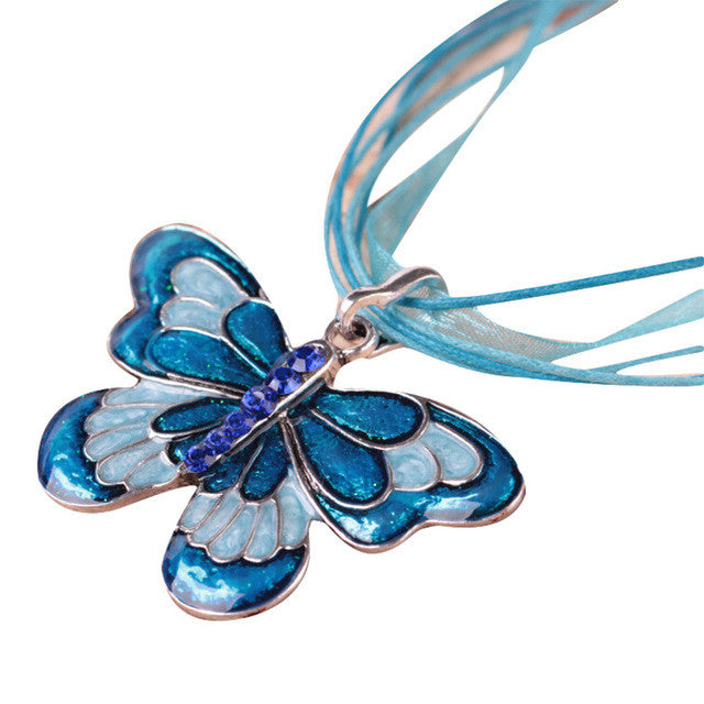 necklace  Exaggerated drip ribbon with colored butterfly Women Jewelry Enamel Butterfly Crystal Silver Necklace Chain #GH35