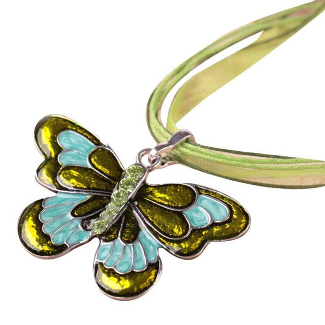 necklace  Exaggerated drip ribbon with colored butterfly Women Jewelry Enamel Butterfly Crystal Silver Necklace Chain #GH35