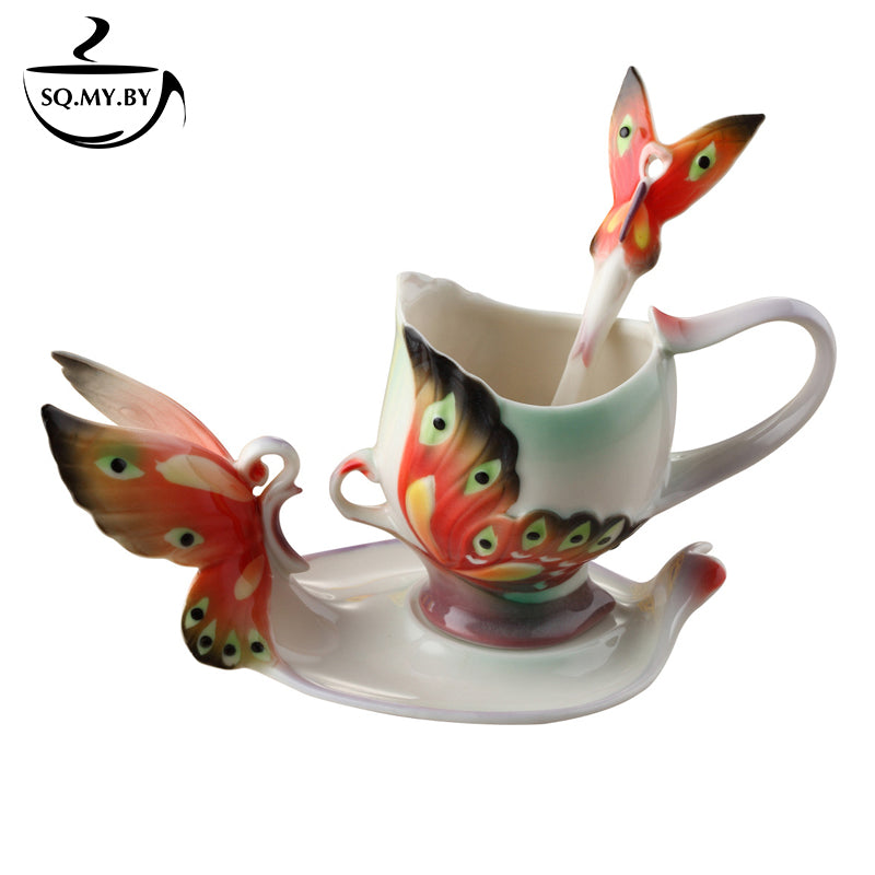2016 New Arrival Butterfly Dancing Coffee Cup Colored Enamel Porcelain Bone China Tea Mug With Saucer And Spoon Creative Gift