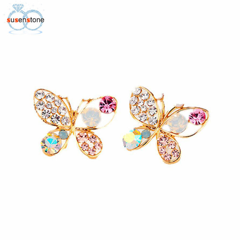 SUSENSTONE Hollow Luxury Bright Colorful Cystal Simulated Pearl Butterfly Earrings