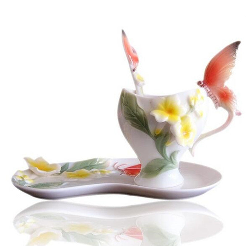 Colored Enamel Coffee Mug Tazas De Cafe Creativas Cup 3D Butterfly Tea Milk Copo Bone China Creative Drinkware