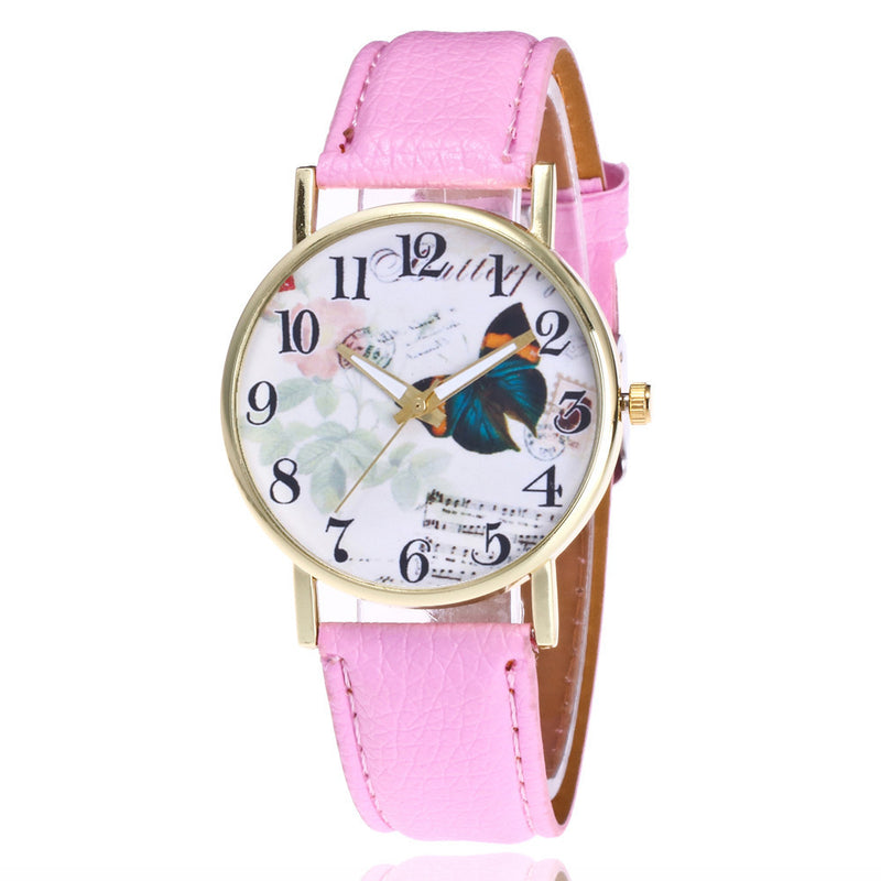 Butterfly Pattern Leather Band Analog Quartz Vogue Wrist Watches
