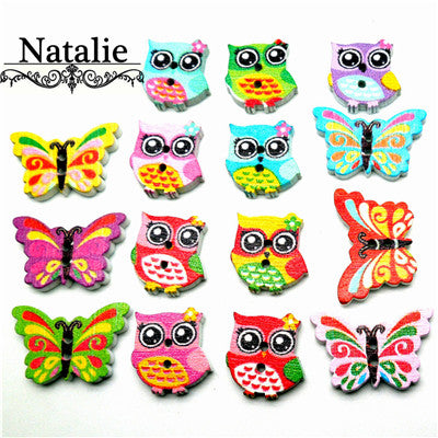 60PCs Wholesale Natural Wooden Buttons Colorful Mixed Animal Scrapbook Sewing Accessories DIY Craft 2 Holes butterfly owl