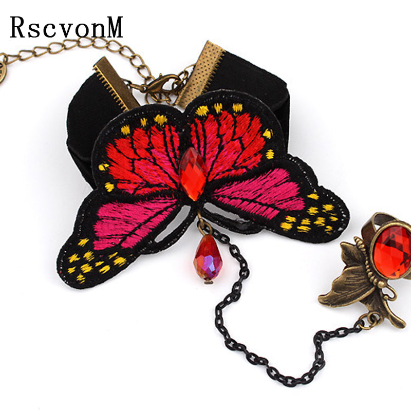 Gothic Style Vintage Metal Sexy Woman Black Lace Bracelet Flying red Butterfly Crystal Bracelets for Women