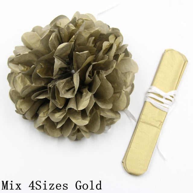 8PCS Mix 4Sizes Gold&Sliver Tissue Paper Pom Poms Flower Kissing Balls DIY Home/Birthday/Wedding Party Decoration Wedding Favors