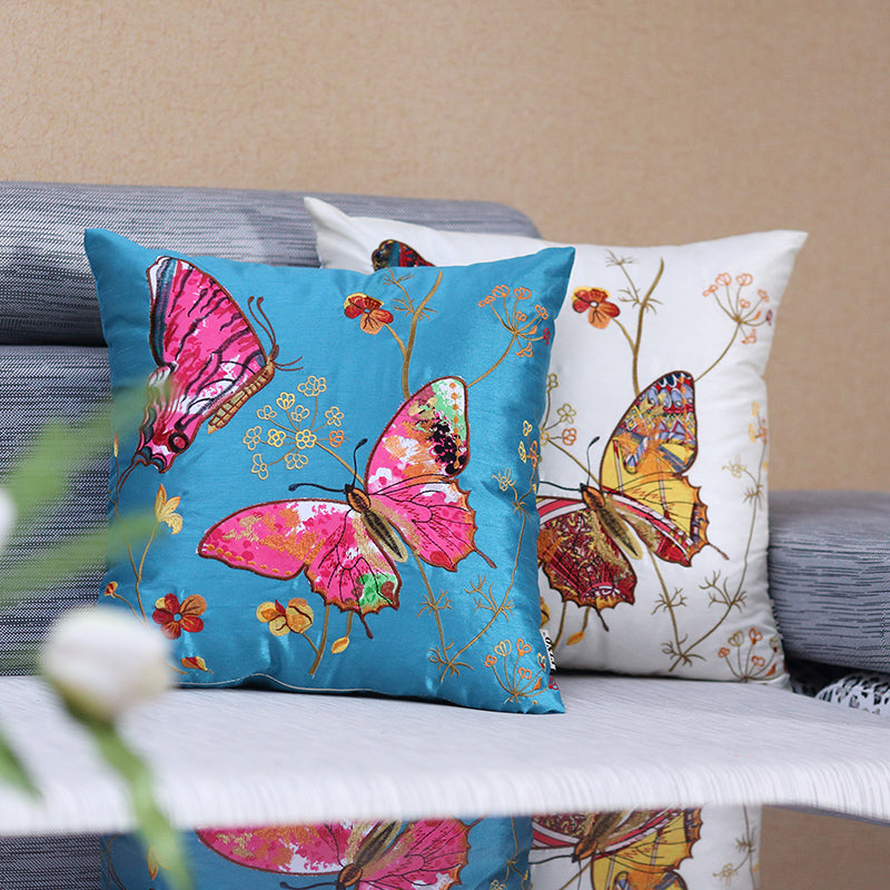 Pastoral Silk Embroidered Butterfly Luxury Cushions Covers Sofa Pillow Covers Home Decorative Flower Pillow Case Cushion Case