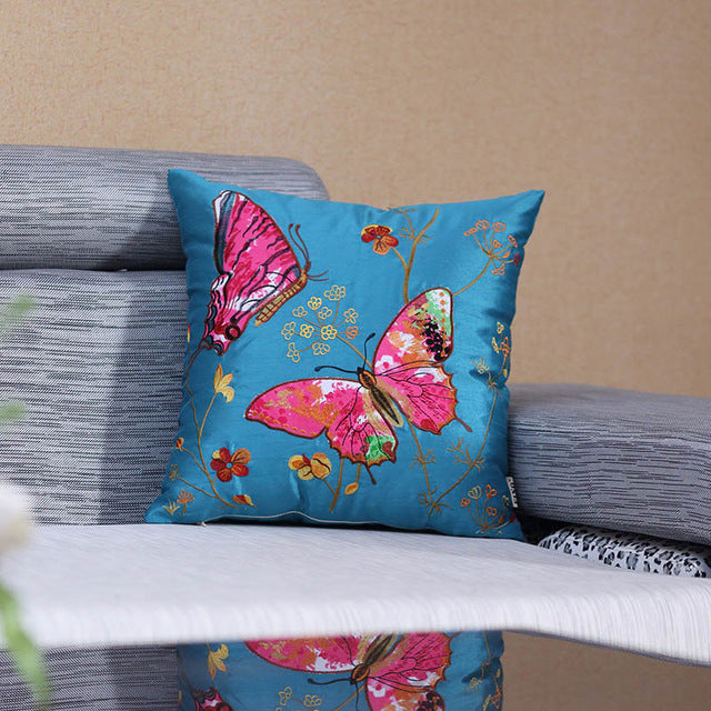 Pastoral Silk Embroidered Butterfly Luxury Cushions Covers Sofa Pillow Covers Home Decorative Flower Pillow Case Cushion Case