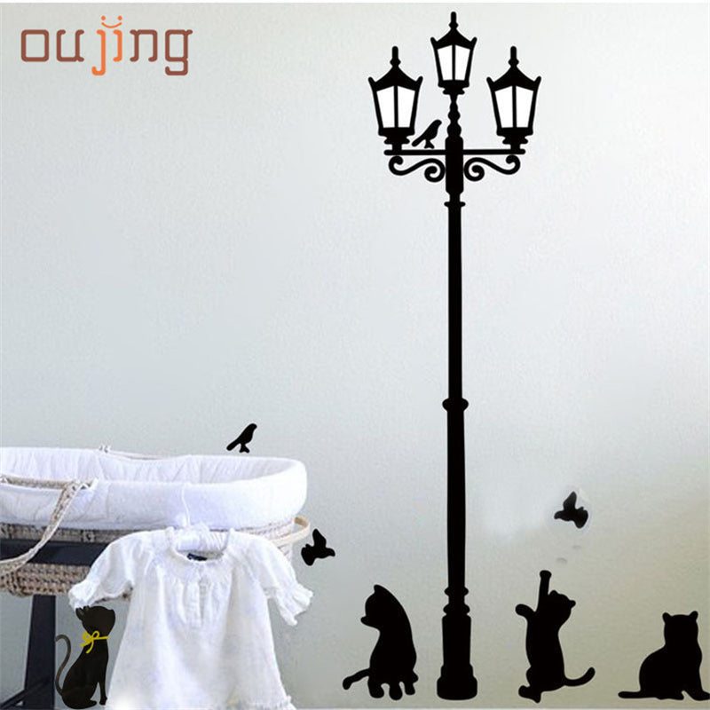 oujing New Arrival Cat Wall Sticker Lamp and Butterflies Stickers Decor Decals Removable Cartoon Sticker for kids room DROP SHIP