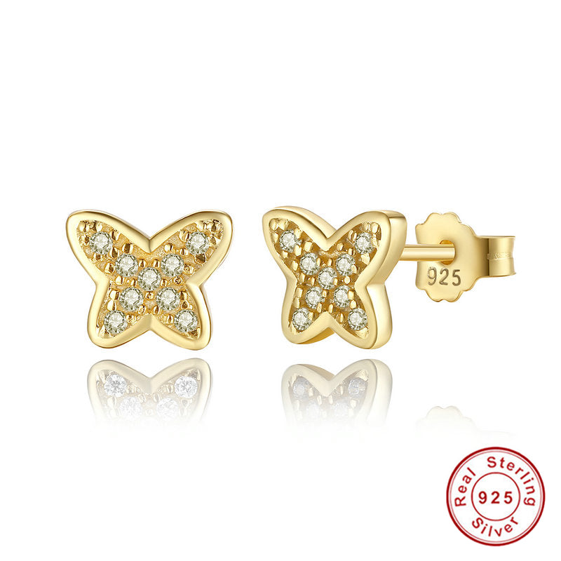 925 Sterling Silver Petite Butterfly Stud Earrings, Clear CZ,  Push-back Gold Earrings for Women Fine Jewelry